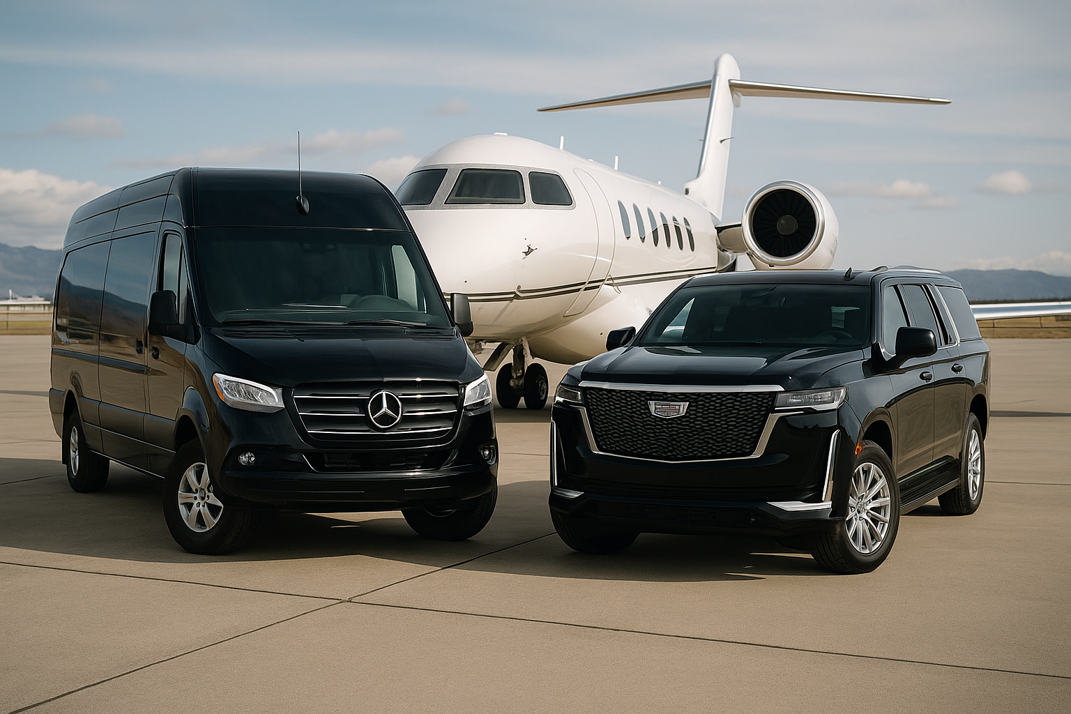 Black van and SUV parked on tarmac with private jet in the background.