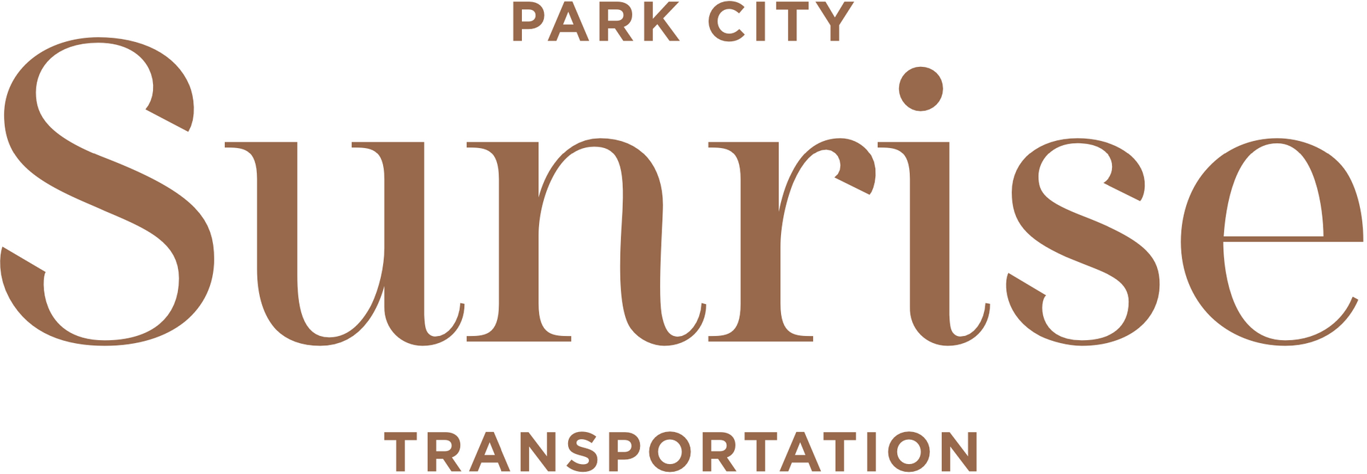 Logo for Park City Sunrise Transportation, brown text on white, 