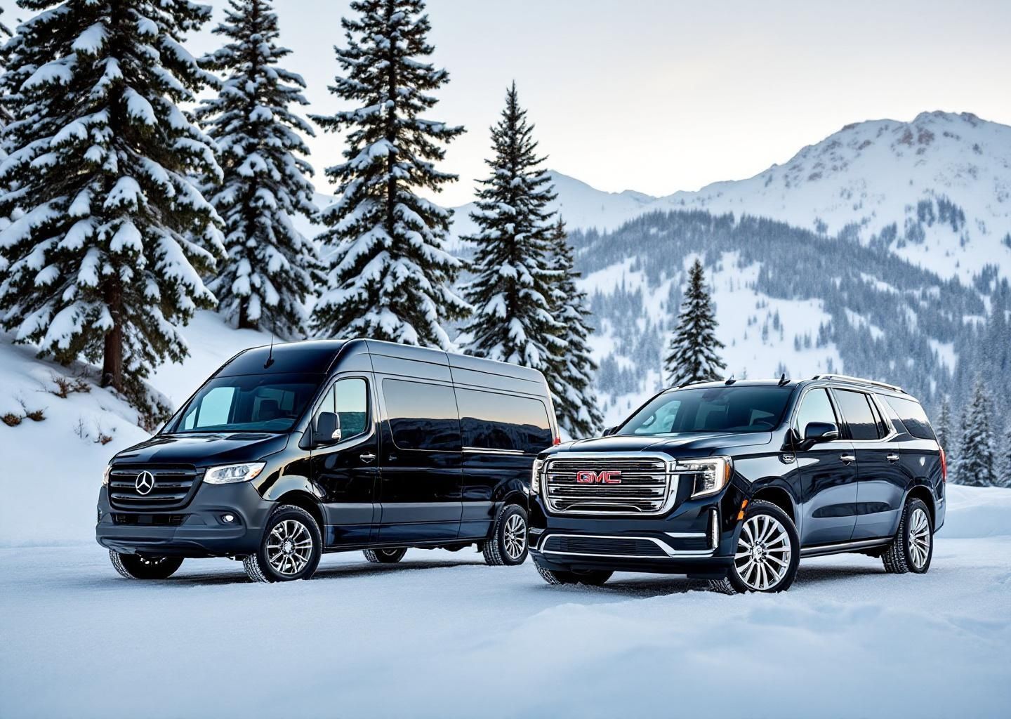 Black van and SUV parked in snow with mountains and trees in the background.