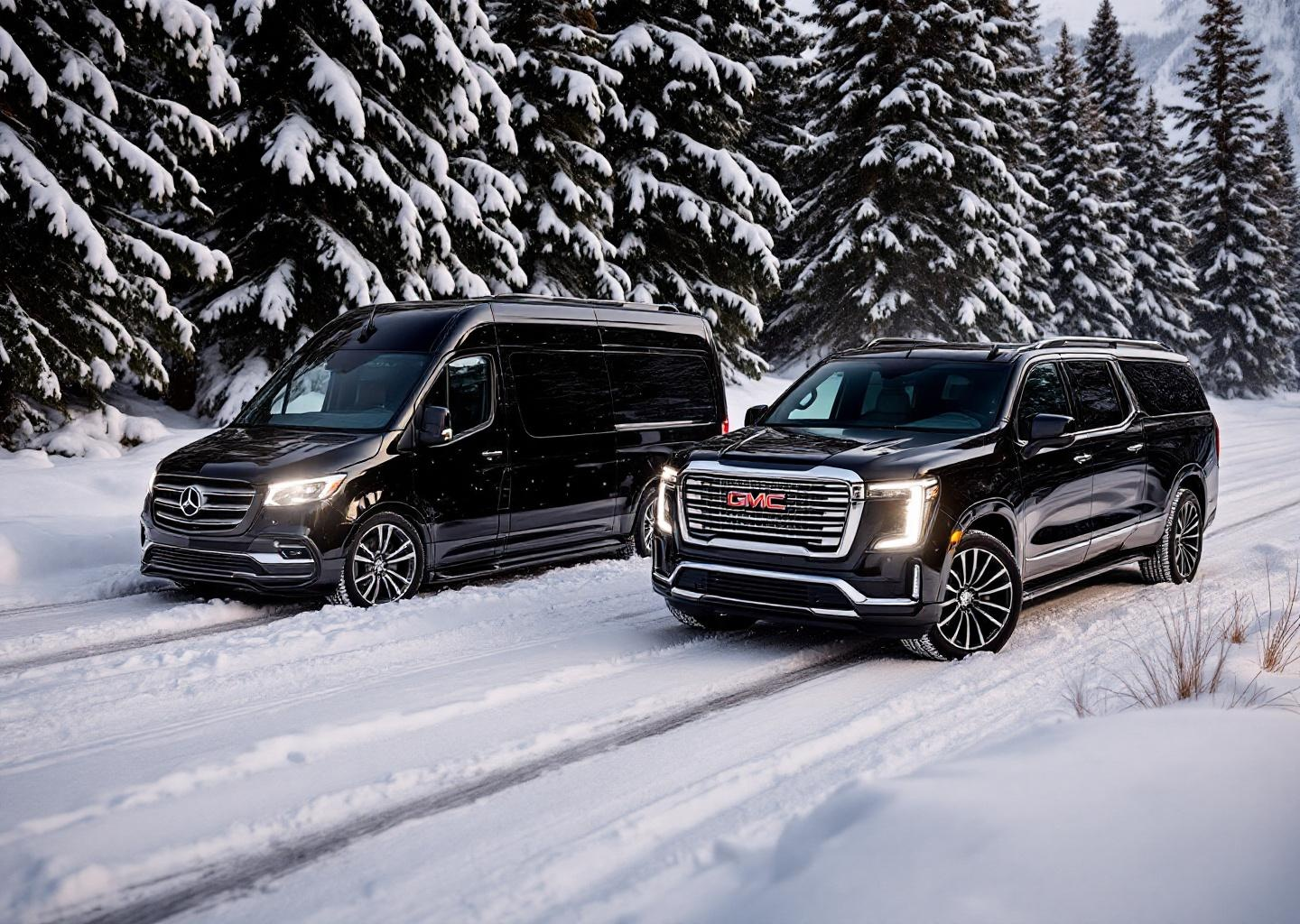 Black van and SUV driving on snow-covered road near snowy evergreen trees.