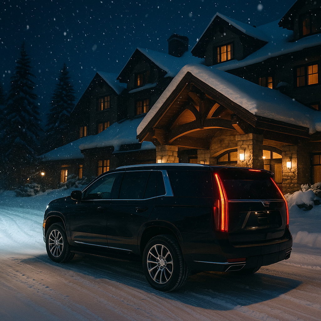 Black Cadillac SUV parked in snowy driveway in front of a lodge at night.