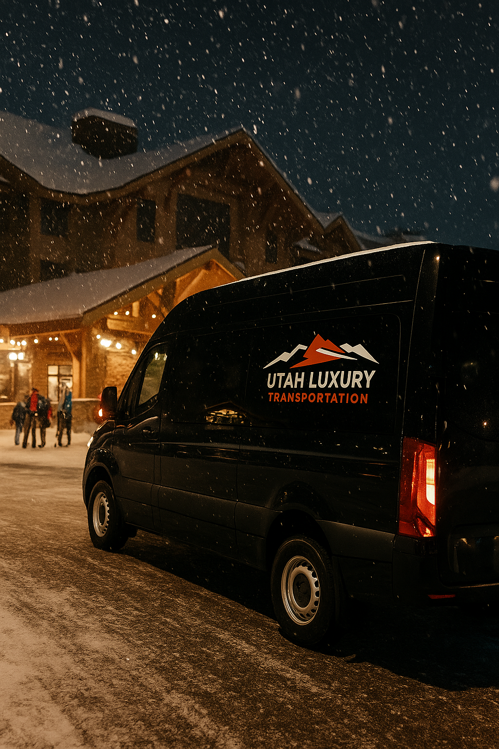 Black van parked in snow outside a lodge at night;