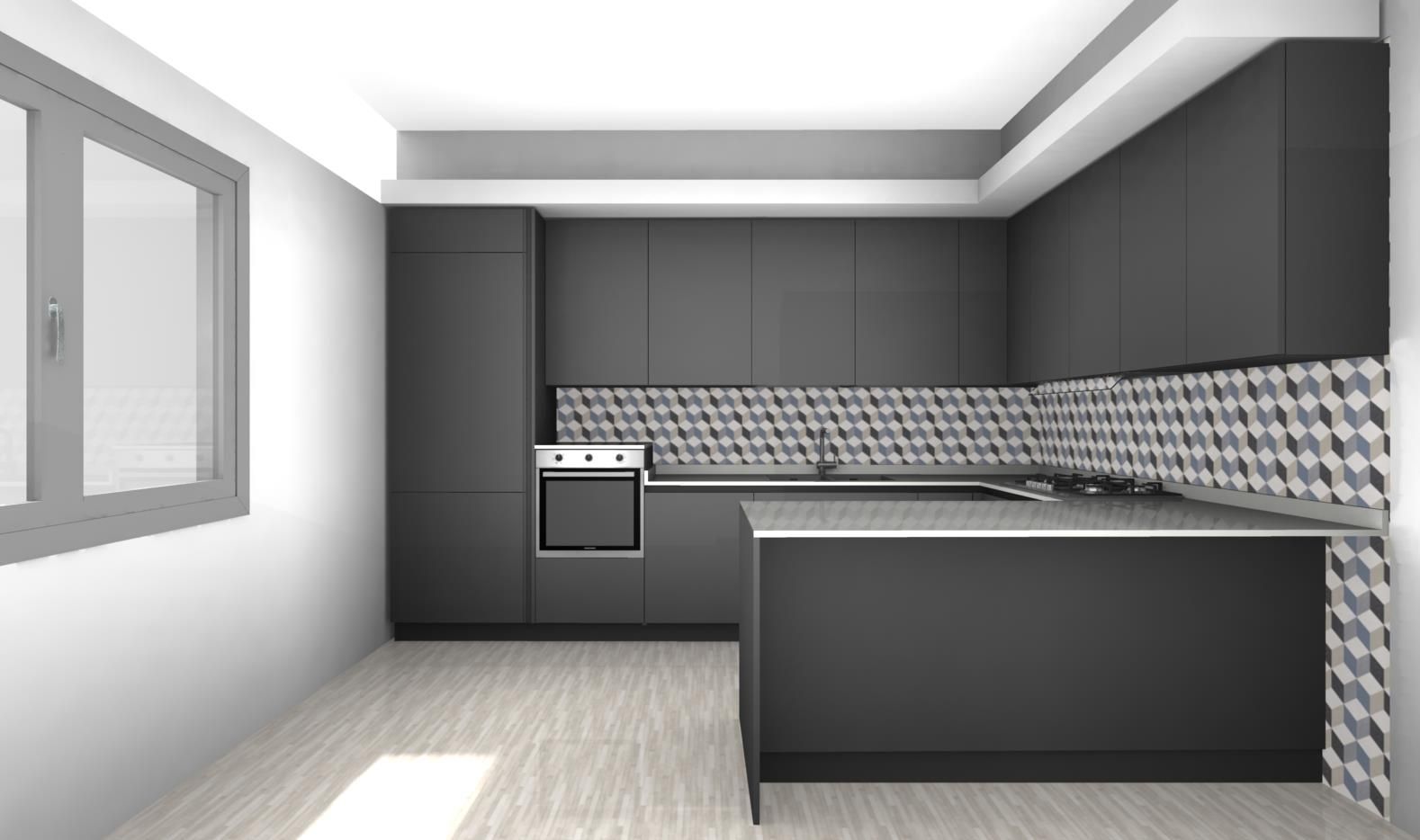 Una cucina con mobili neri e ripiano bianco