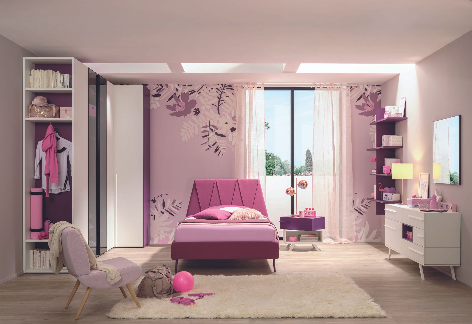 Cameretta per ragazze con letto, sedia, cassettiera e armadio.