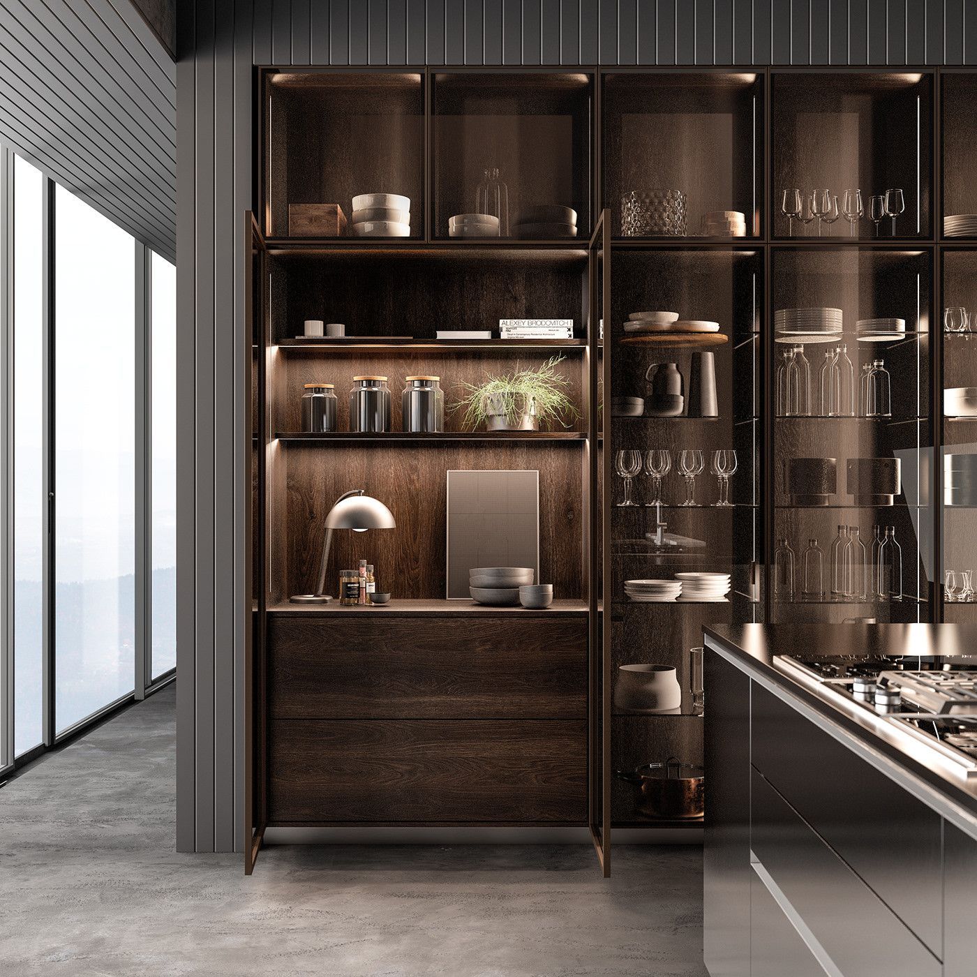Una cucina con molti ripiani e un forno.