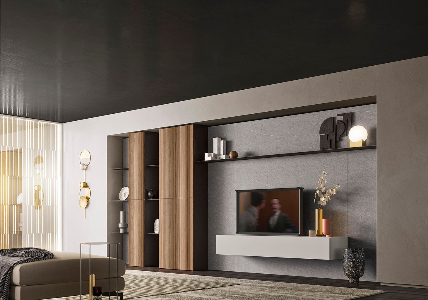Una cucina con mobili bianchi, mobili in legno, tavolo e sedie.