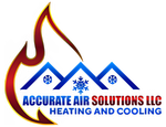 Accurate Air Solutions LLC logo with red flame, blue rooftops, and heating and cooling text