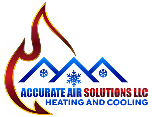 Accurate Air Solutions LLC logo with red flame, blue rooftops, and heating and cooling text