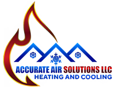 Accurate Air Solutions LLC logo with red flame, blue rooftops, and heating and cooling text