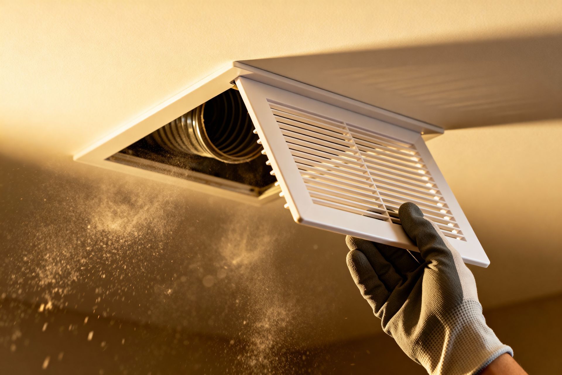 Gloved hand removing a dusty ceiling vent cover, dust particles visible in warm light