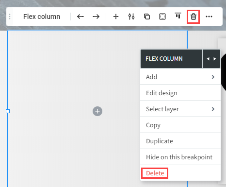 A screenshot of a flex column with the delete button highlighted.