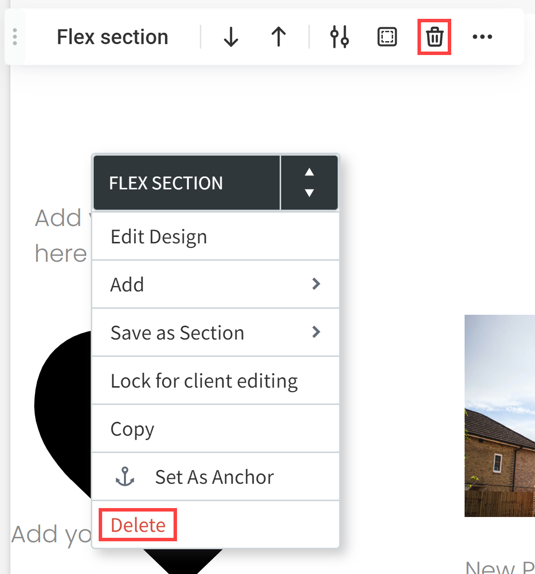 A screenshot of the flex section menu with a red delete button.