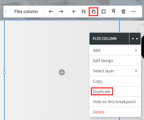 A screenshot of a flex column with the option to duplicate highlighted.