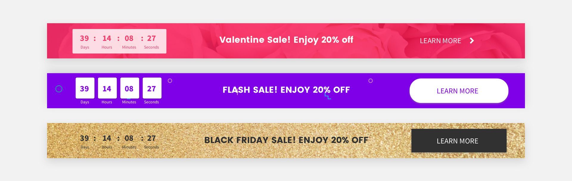 Three different colored banners with buttons on them on a white background.