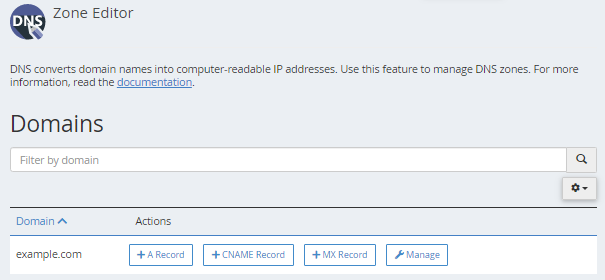 A screenshot of the dns zone editor showing a list of domains
