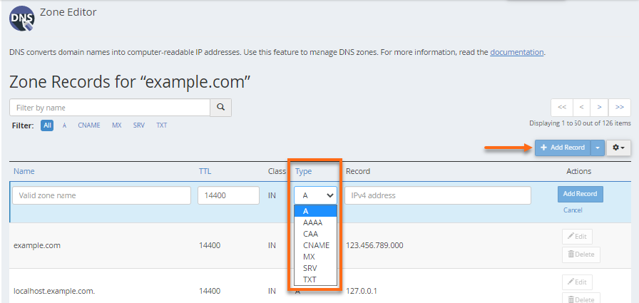 A screenshot of the zone records for example.com