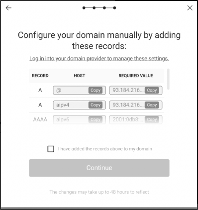 A screen that says configure your domain manually by adding these records
