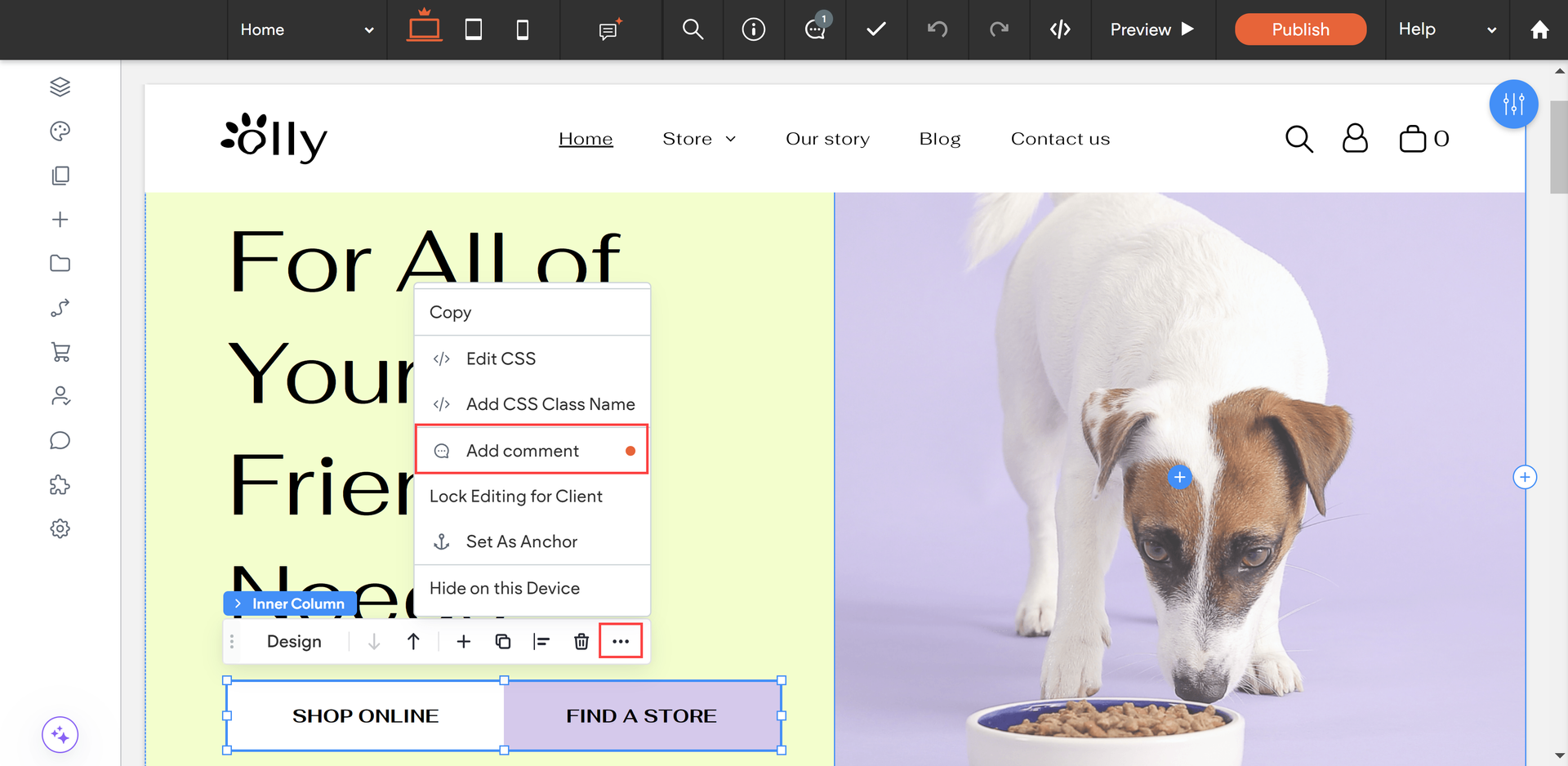 A dog is eating food from a bowl on a website.