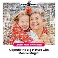 Mosaic photo collage ad with two smiling people, pink banner reading “Lowest price guaranteed,” 