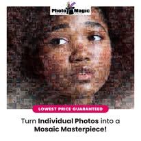 PhotoMagic ad showing a mosaic portrait with the text “Turn Individual Photos into a Mosaic Masterpiece!”