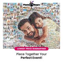 Custom photo mosaic with a smiling couple and “Piece Together Your Perfect Event!” text on a white background