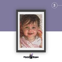 Mosaic portrait of a smiling child in a dark frame on a purple background