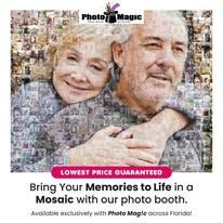 Photo mosaic booth ad with smiling couple and “Bring Your Memories to Life in a Mosaic” text