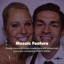 Promotional graphic for “Mosaic Feature” showing a smiling couple’s selfie with text about creating a mosaic masterpiece.