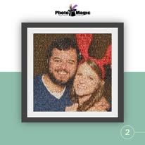 Framed mosaic photo of a smiling couple on a white and mint background