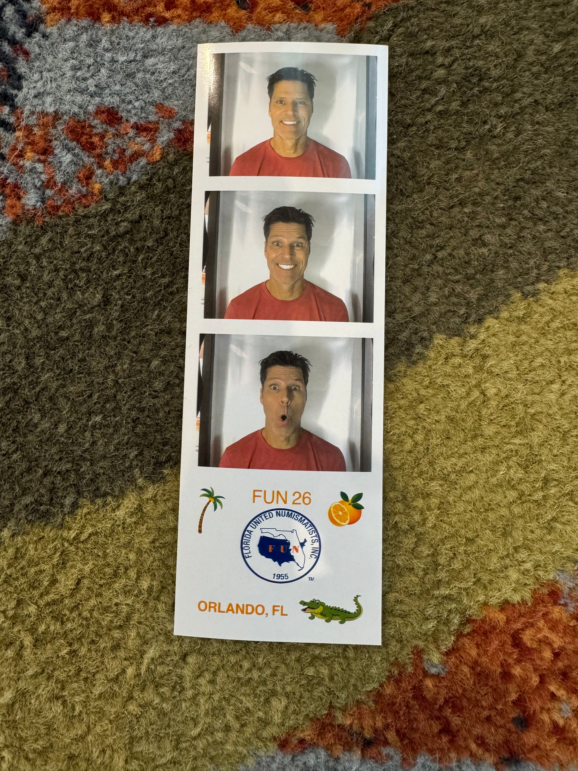 Photo strip of a person smiling, with changing expressions. Florida themed background.