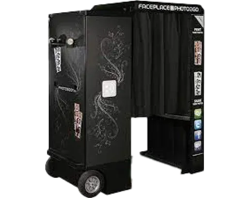 Black portable photo booth with wheels, open curtain entrance, floral design, and social media icons.