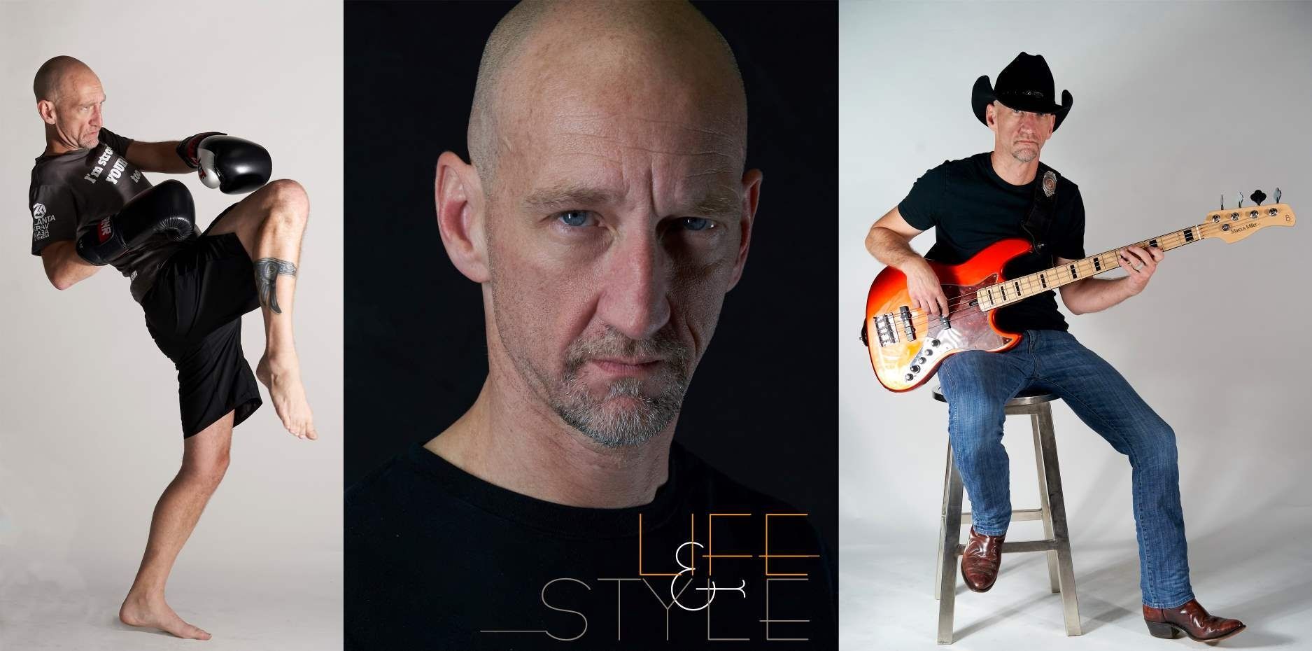 Three-panel portrait collage: martial artist kicking, bald man portrait, and man playing bass guitar on a stool
