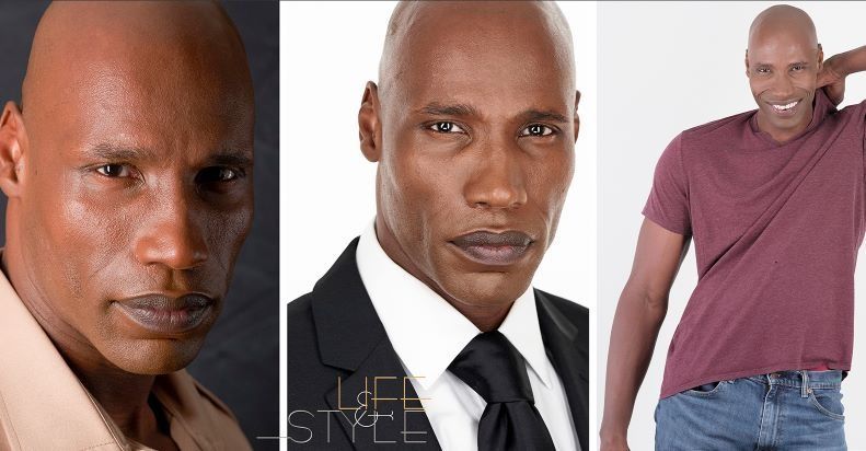 Three portraits of a bald man posing in a studio: serious close-ups and a smiling casual pose.