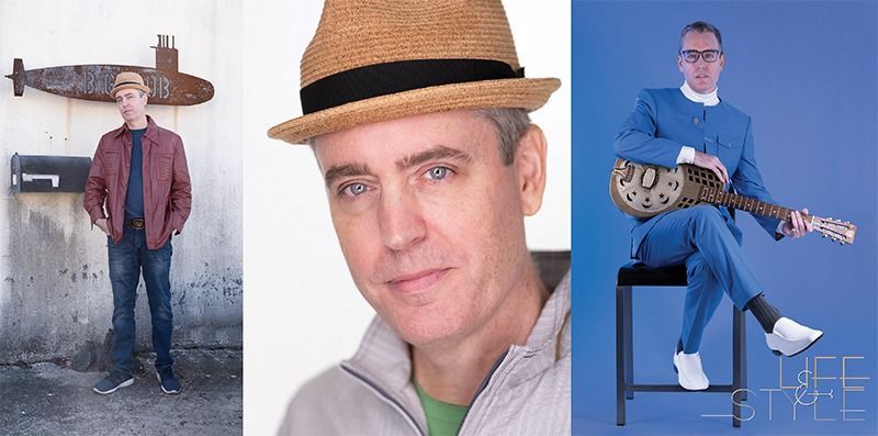 Three portraits of a person in hats: standing, close-up, and seated with a guitar on a blue chair.