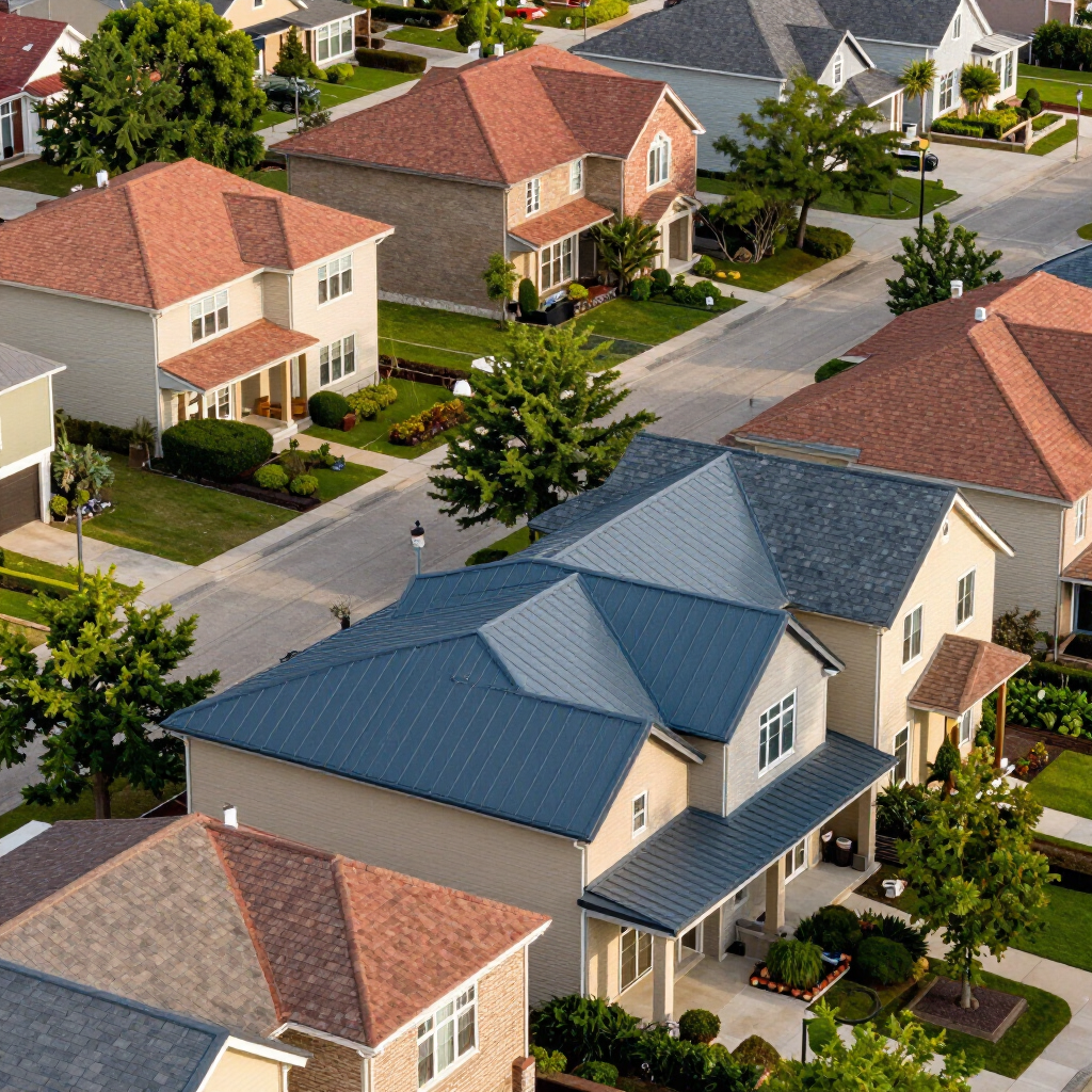 Aerial view of a suburban neighborhood with rows of houses, trees, and streets.
