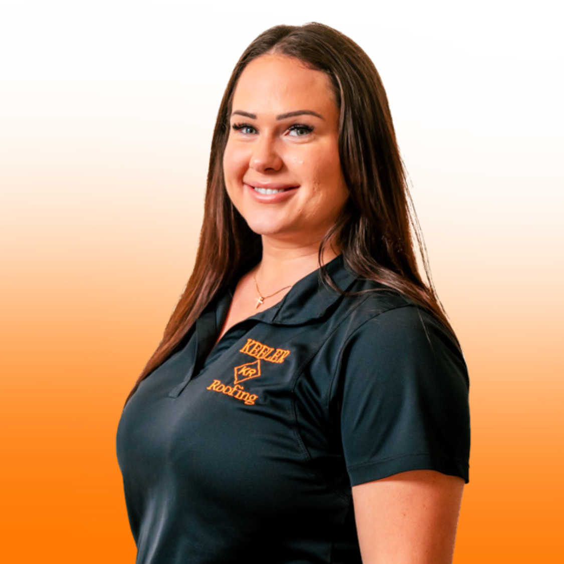 A woman wearing a black shirt with the word roofing on it