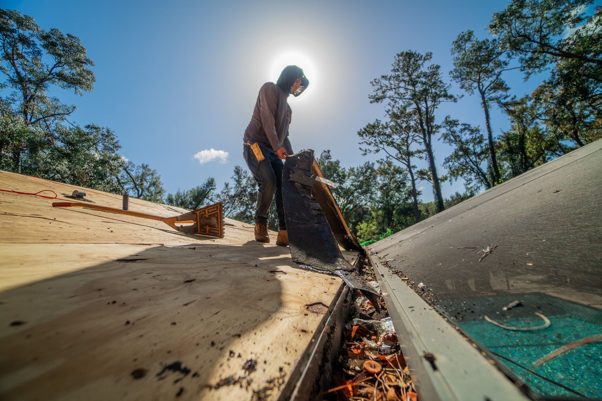 Residential roof with asphalt shingles showing signs of storm wear