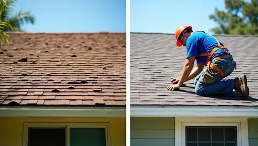 Roofing worker kneeling on a house roof, installing shingles on a sunny day