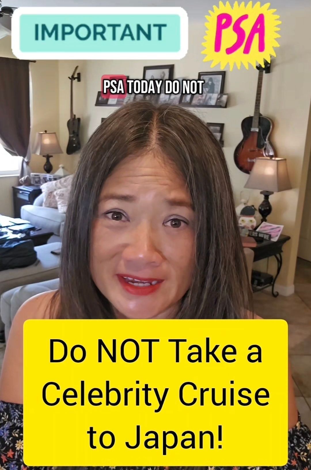 A woman in a living room with a sign that says do not take a celebrity cruise to japan