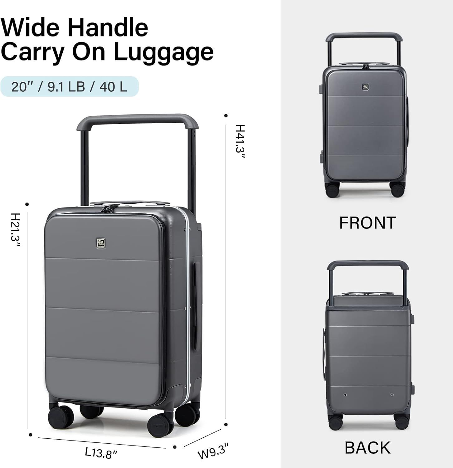 A gray suitcase with a wide handle and wheels.
