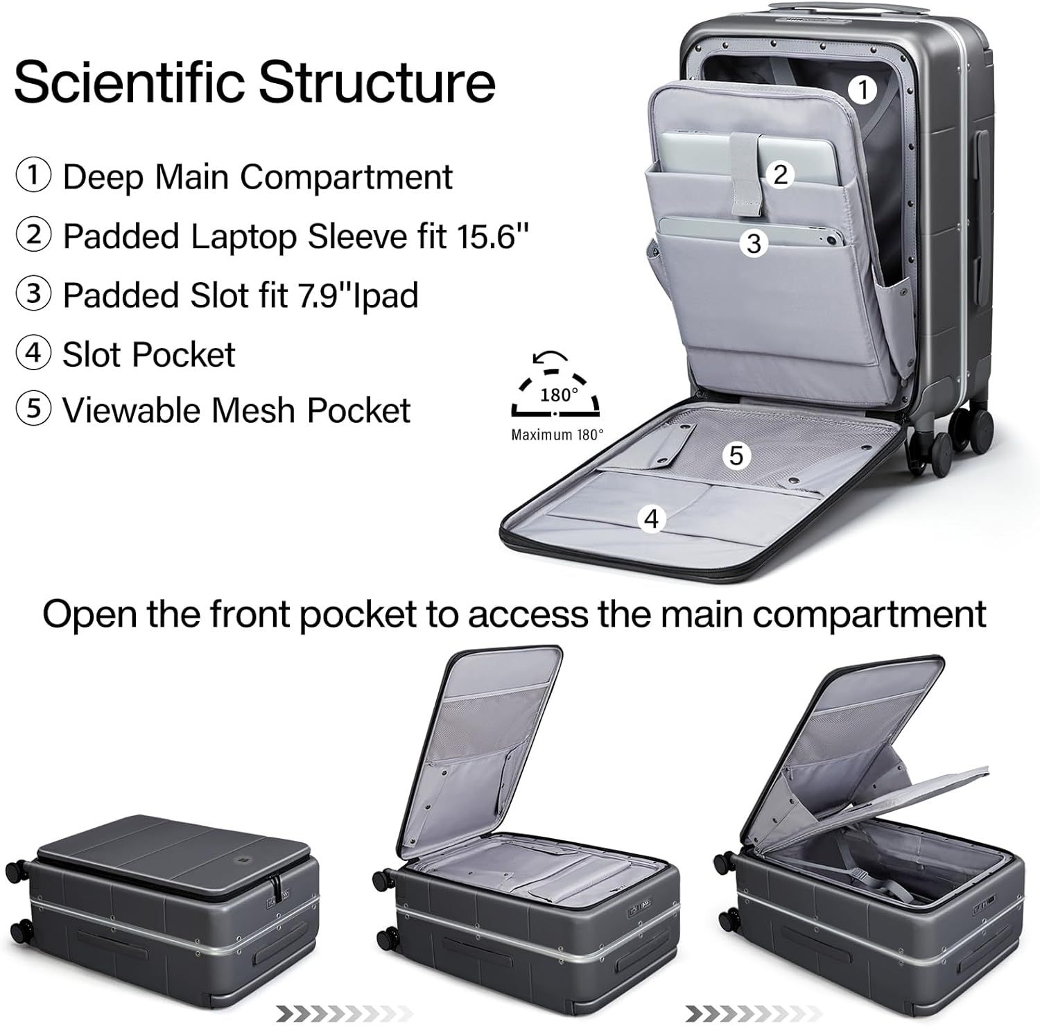 A suitcase with the front pocket open to access the main compartment.