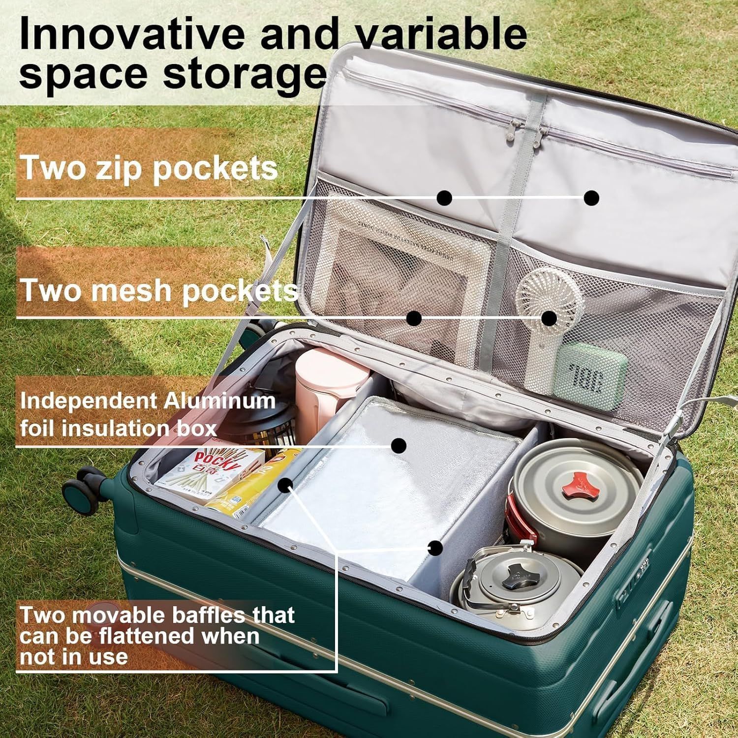 The inside of a suitcase with two zip pockets and two mesh pockets.