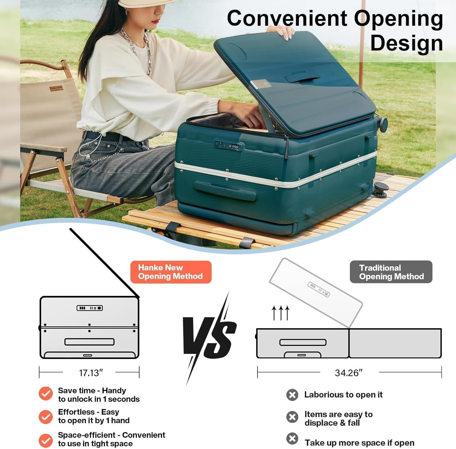 A woman is sitting in front of a suitcase with the lid open.