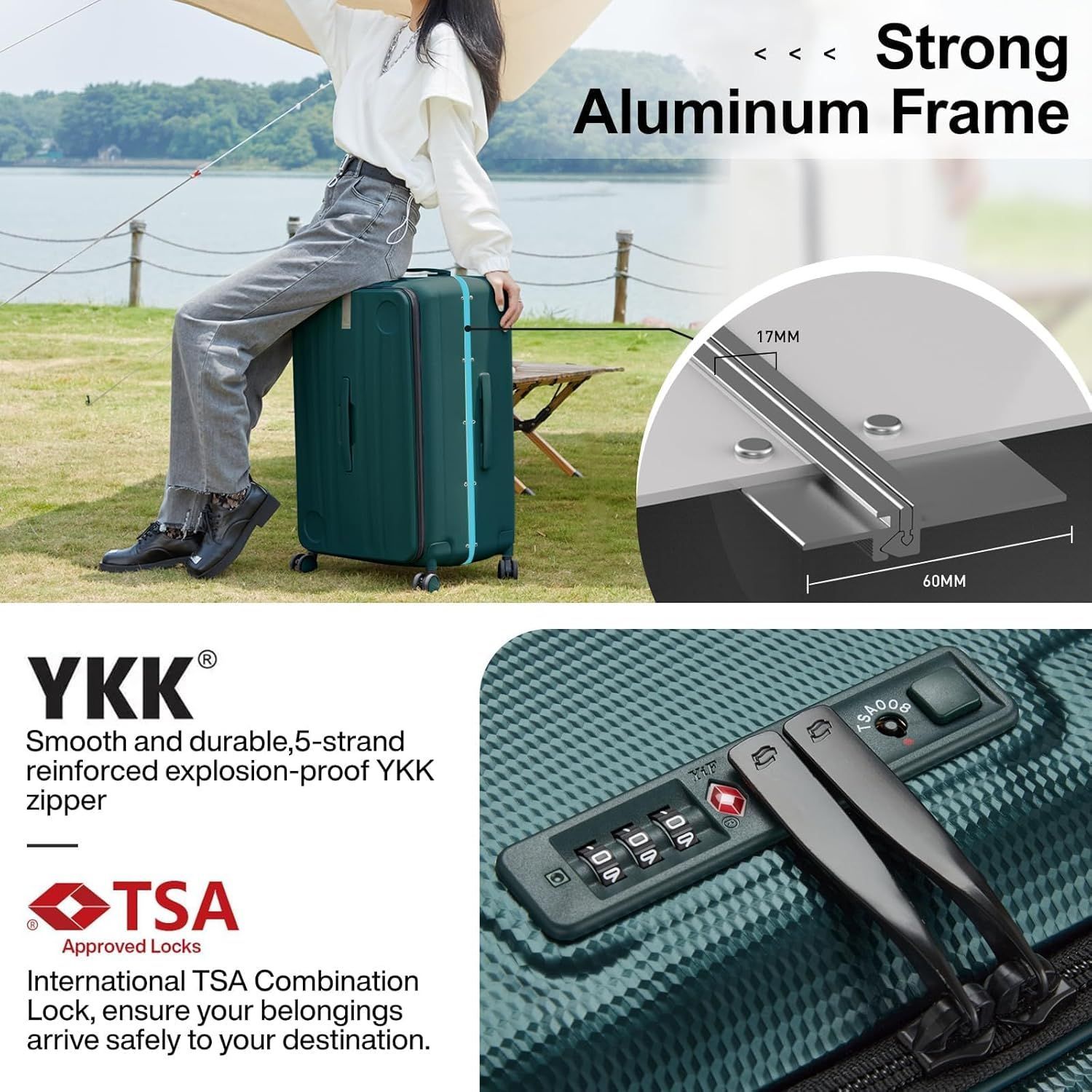A woman is sitting on top of a green suitcase.