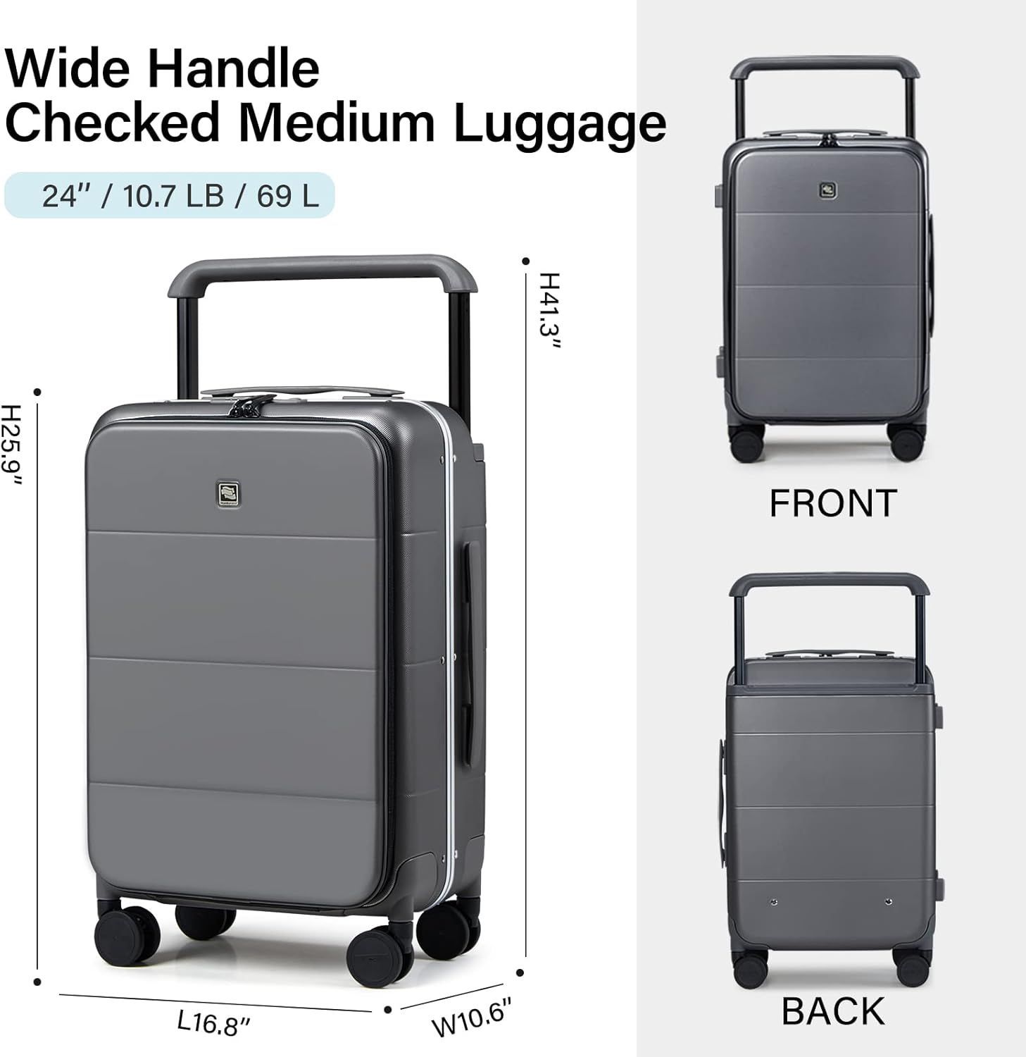 A gray luggage bag with a wide handle and wheels.