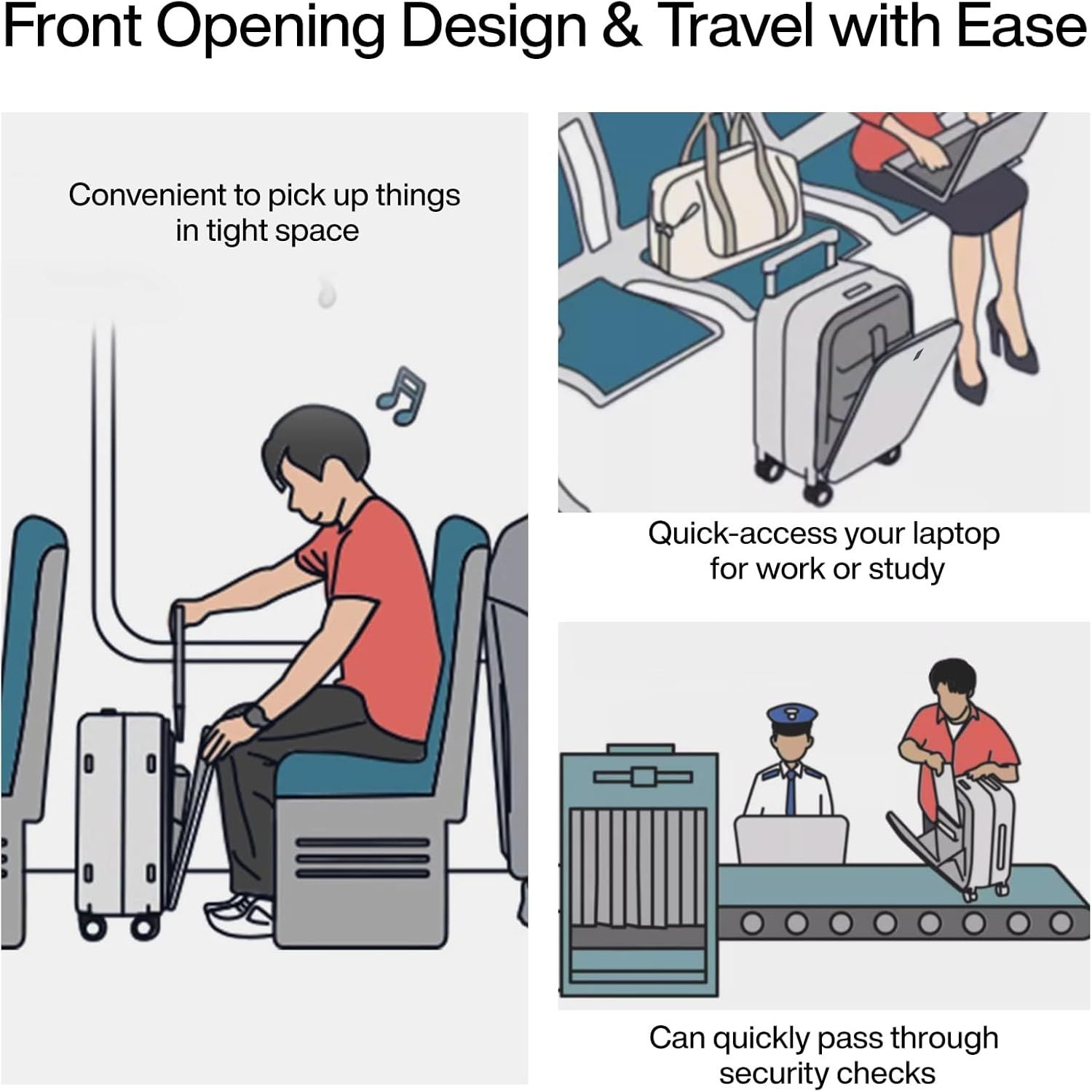 Front opening design and travel with ease convenient to pick up things in tight space quick access your laptop for work or study can quickly pass through security checks