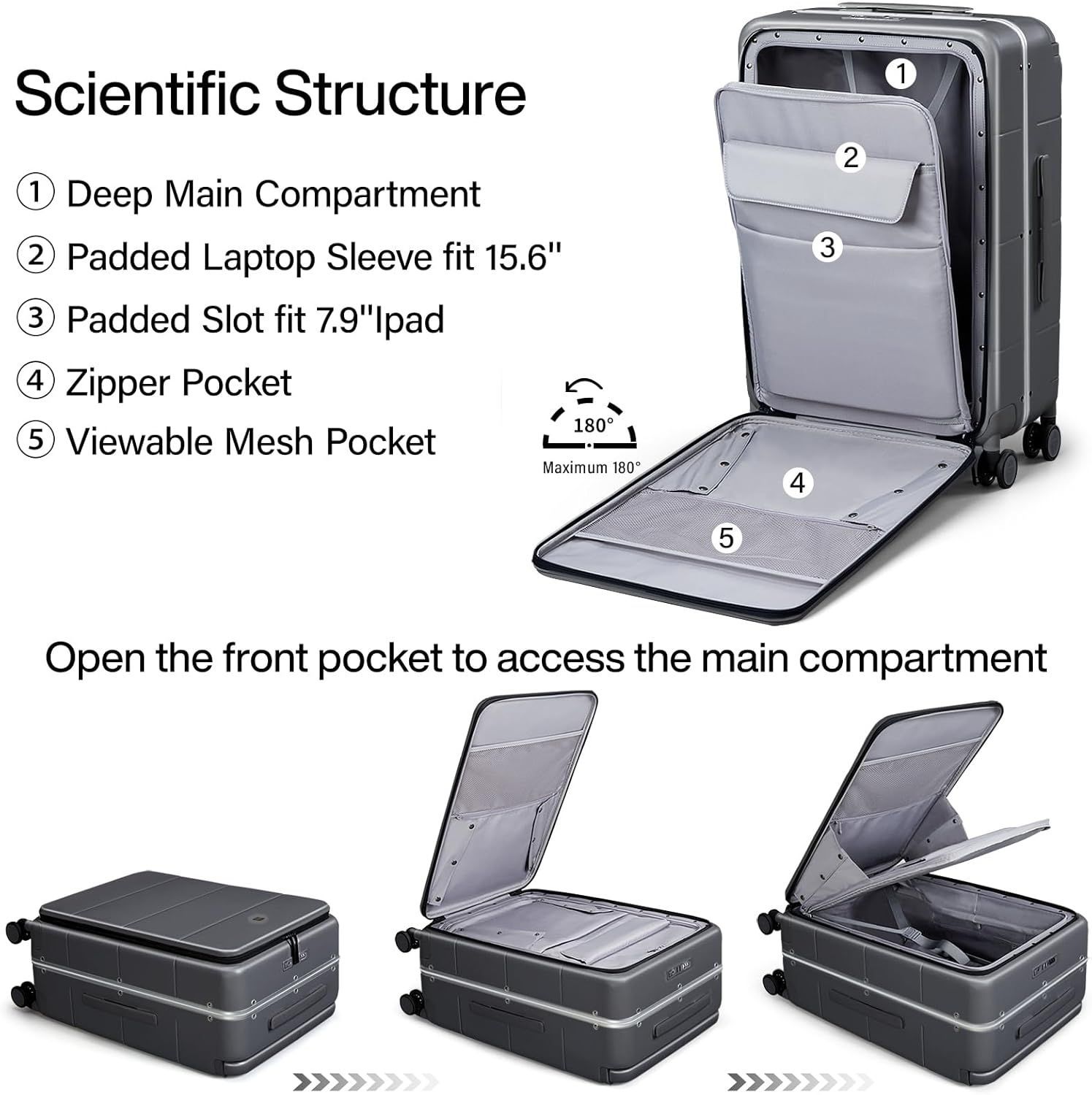 A suitcase with the front pocket open to access the main compartment.