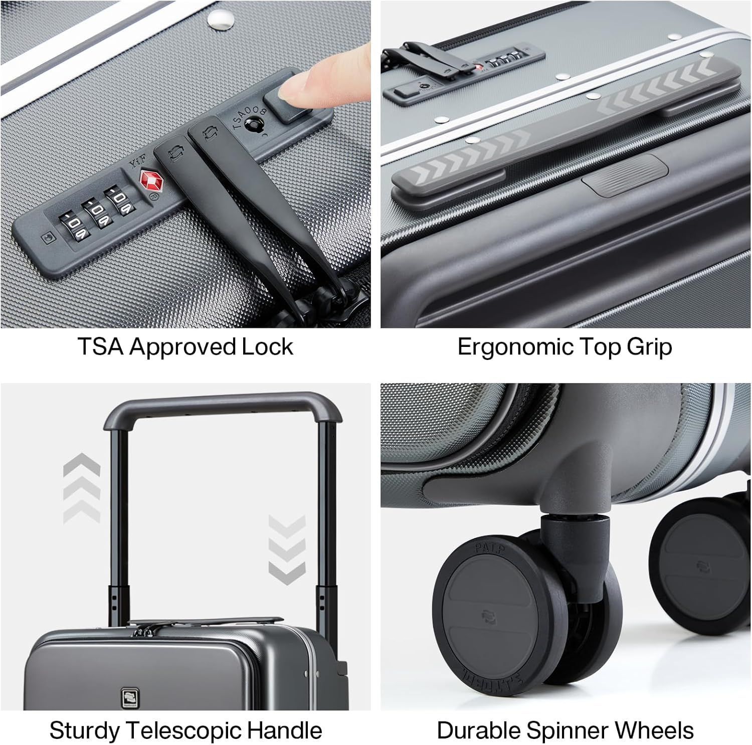 A suitcase with tsa approved lock , ergonomic top grip , sturdy telescopic handle and durable spinner wheels
