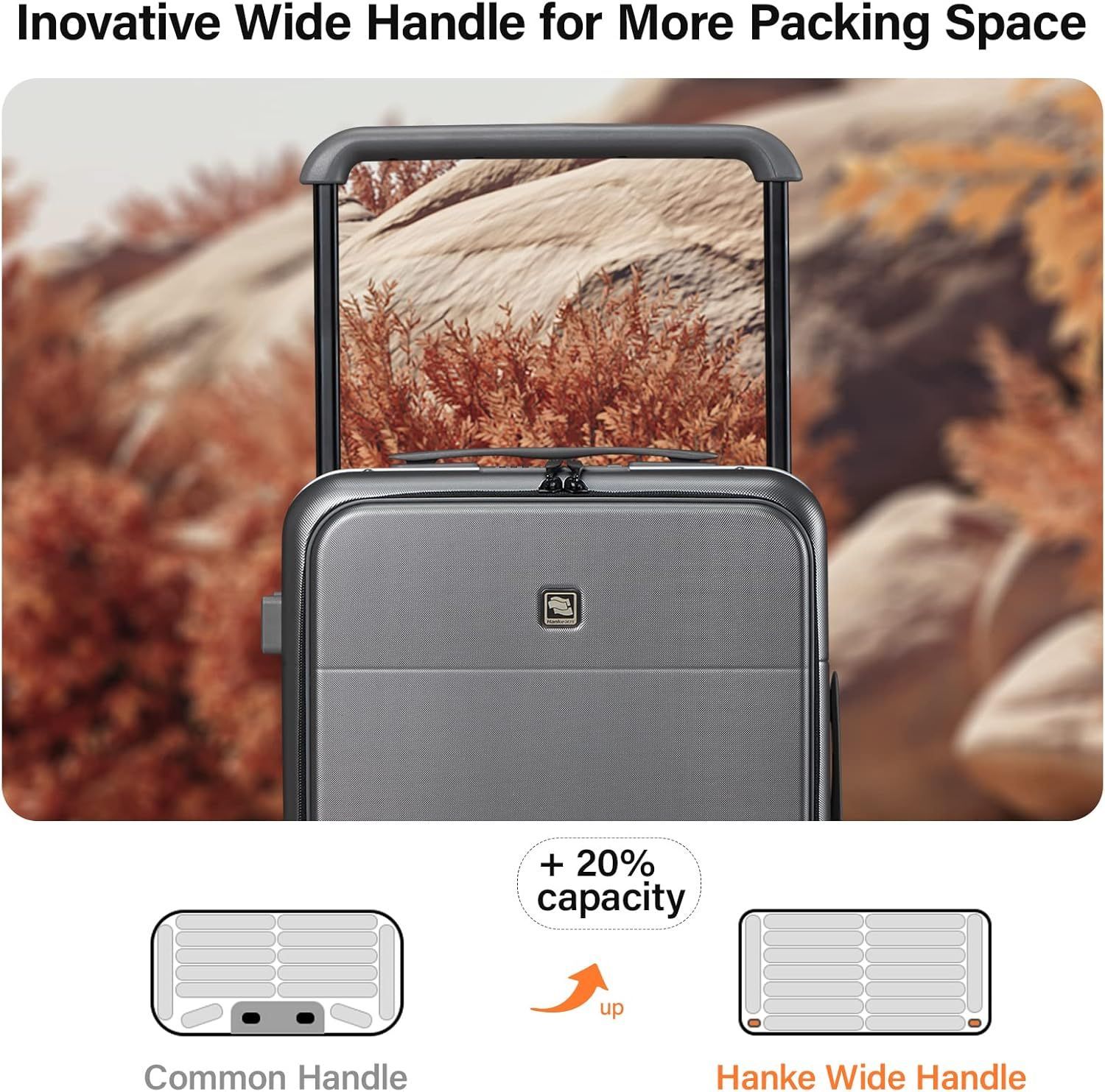 A suitcase with a wide handle for more packing space.
