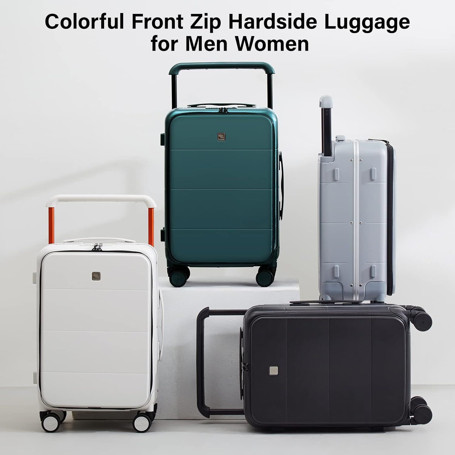 A colorful front zip hardside luggage for men and women